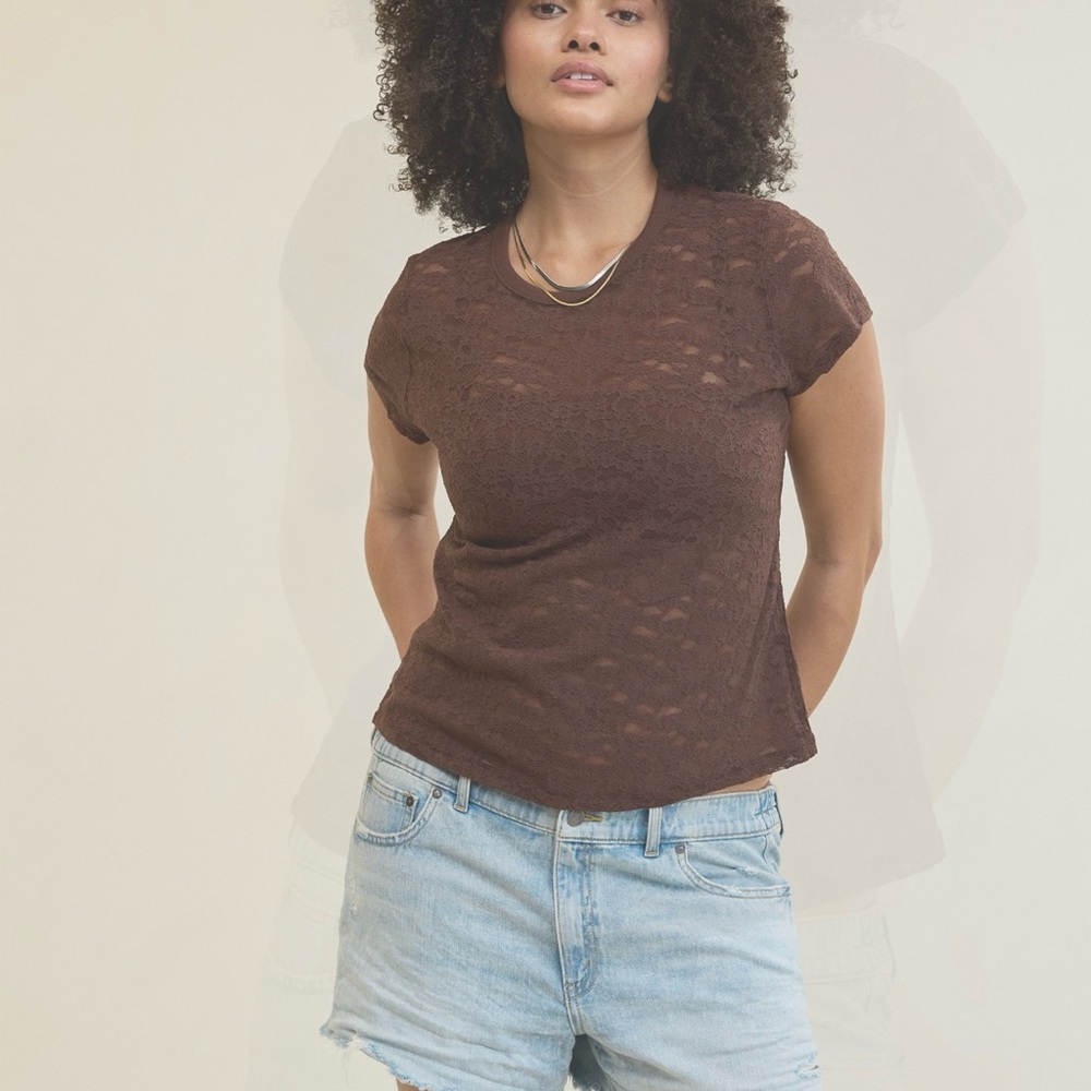 Aerie Chocolate Brown Lace Short Sleeve Top
